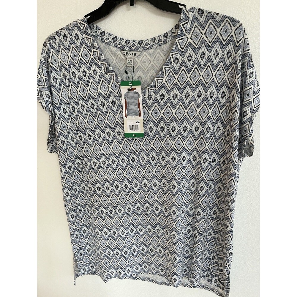 Orvis V-Neck Tunic Womens Top XL White Gray Geometric Print Office Casual Y2K